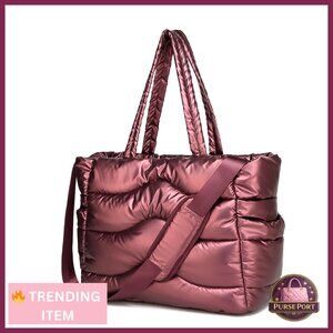 Quilted Puffer Tote Bag with Laptop Compartment, Multi-Way Carrying